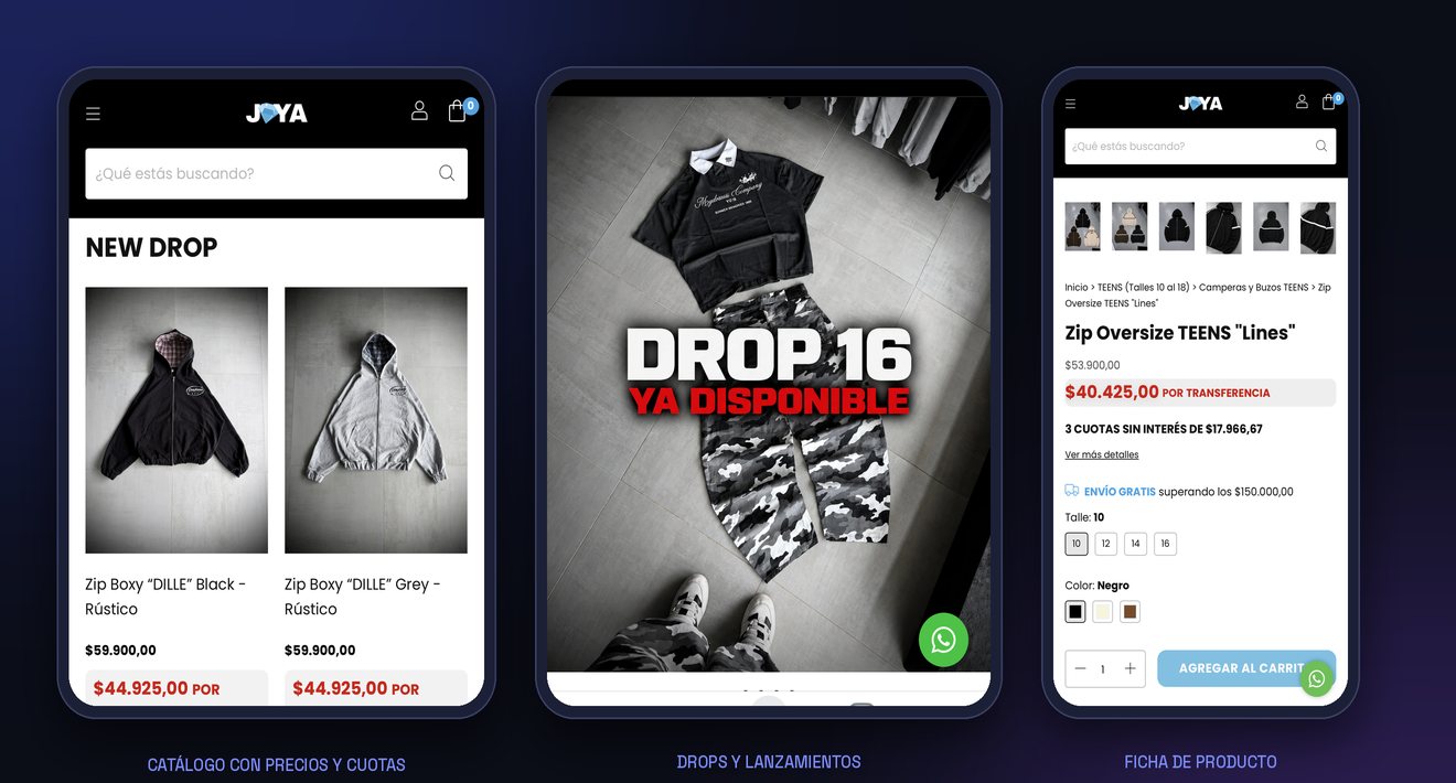 Pantallas del ecommerce de JOYA: catálogo, drop y ficha de producto