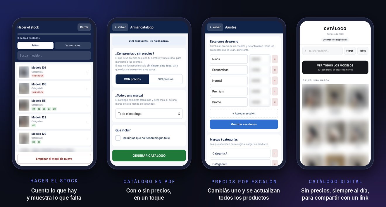 Pantallas de la app de stock y del catálogo digital del mayorista
